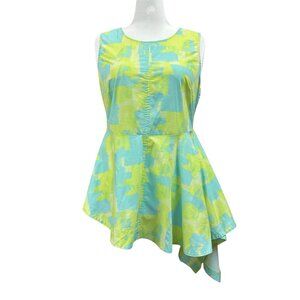 Lane Bryant Asymmetrical Peplum Artsy Brush Stroke Lime Green Blue Top Sz 18